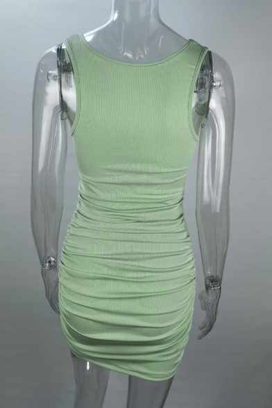 Trendy Women Dress Pure Color Sleeveless Square Neck Ruched Detail Mini Tank Dress