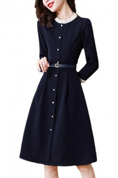 Classic Dress Color Block Button Round Neck 3/4 Length Sleeve Belt Midi Dress for Ladies