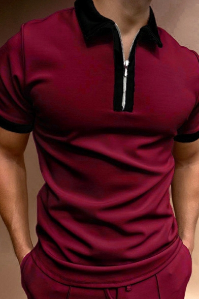 Cool Men Polo Shirt Contrast Color Zip Detail Short Sleeve Slimming Spread Neck Polo Shirt