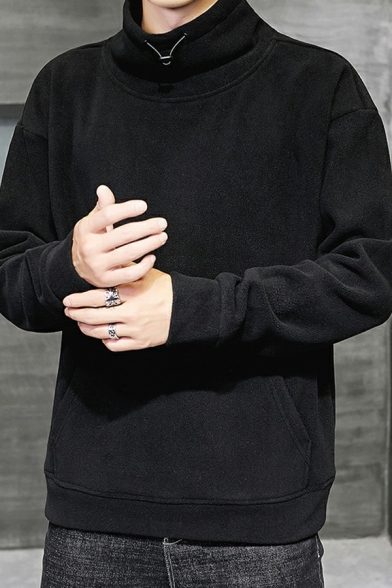 Fancy Mens Sweatshirt Pure Color Long Sleeves High Neck Pocket Front Pollover Sweatshirt