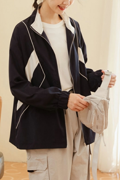 Girl's Fashion Jacket Contrast Color Pocket Spread Collar Long Sleeves Baggy Zipper Jacket