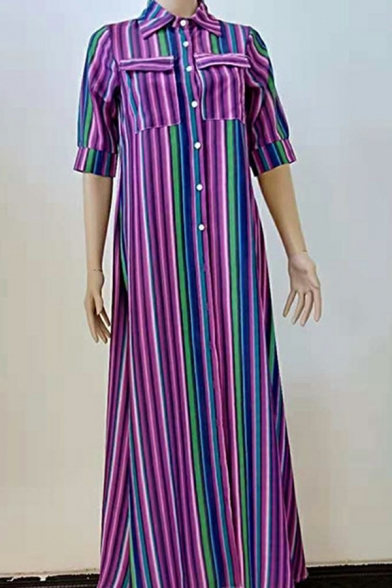 Hot Dress Striped Print Short Sleeve Spread Collar Pocket Button Fly Shirt Dress for Women