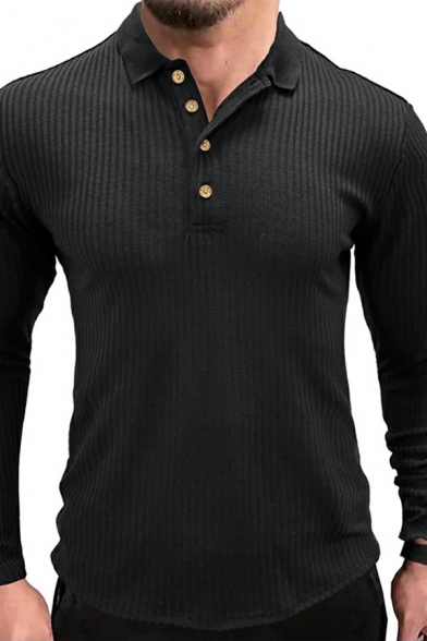 Retro Polo Shirt Pure Color Spread Collar Long Sleeves Skinny Button Polo Shirt for Men
