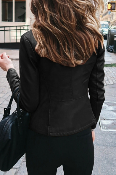 Urban Women Jacket Solid Pocket Round Collar Long Sleeves Pocket Zip Fly Jacket