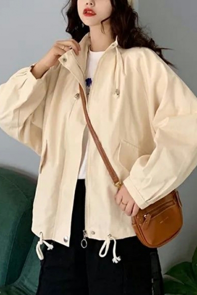 Women Street Style Jacket Plain Drawstring Long Sleeve Hooded Relaxed Zip Placket Jacket