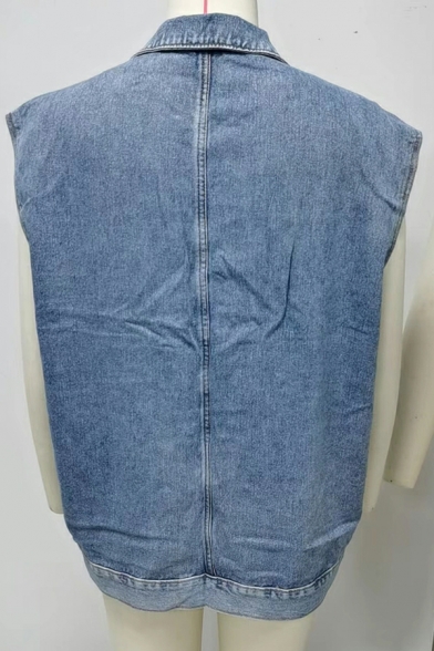 Basic Vest Pure Color Spread Collar Pocket Decoration Button Closure Denim Vest for Women