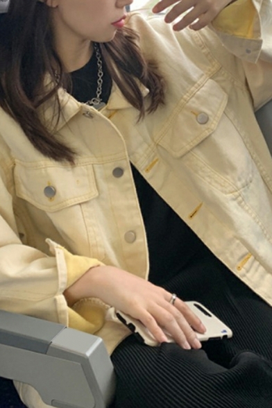 Casual Women Jacket Pure Color Chest Pocket Long-Sleeved Spread Collar Button-up Jacket