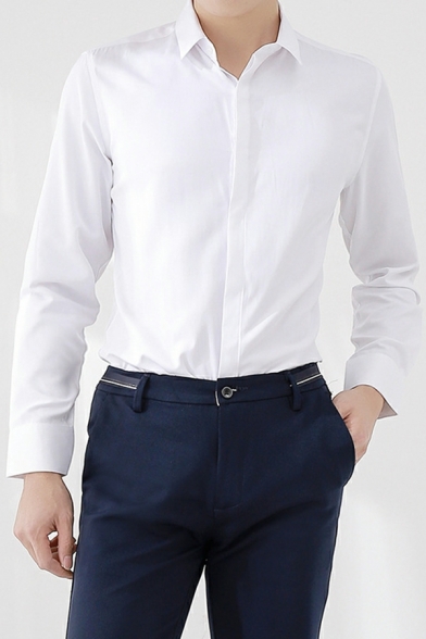 Edgy Men Shirt Pure Color Button Closure Turn-down Collar Long-sleeved Regular Shirt