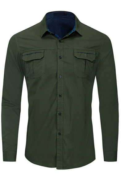 Elegant Shirt Plain Chest Pocket Long Sleeve Turn-down Collar Button Fly Shirt for Guys