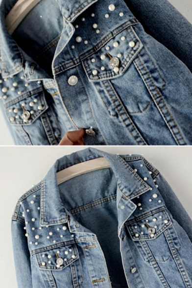 Girls Cozy Jacket Solid Pocket Long Sleeve Notched Collar Button up Beading Denim Jacket