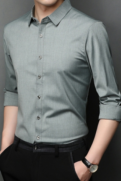 Men Street Style Shirt Solid Turn-down Collar Long Sleeves Slimming Button Placket Shirt