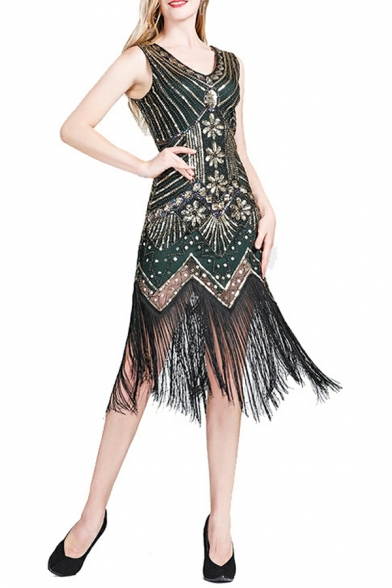 Modern Dress Sequined Print V Neck Sleeveless Skinny Tassel Detail Midi Dress for Girls