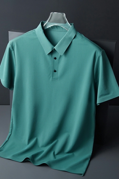 Simple Men Polo Shirt Pure Color Button Detail Point Collar Short Sleeve Fitted Polo Shirt