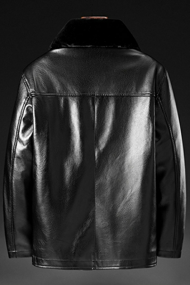 Street Look Men Jacket Solid Spread Fleece Collar Long Sleeve Button up Leather Fur Jacket