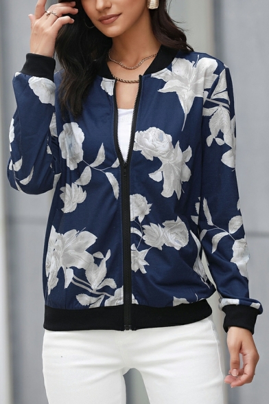 Women Novelty Jacket Floral Pattern Long Sleeve Stand Collar Regular Zip Placket Jacket