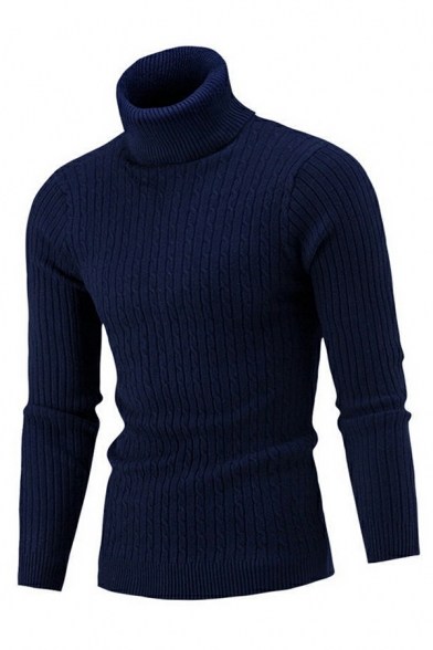 Casual Sweater Solid Color Cable Knit Long-sleeved High Neck Slim Pullover Sweater for Men