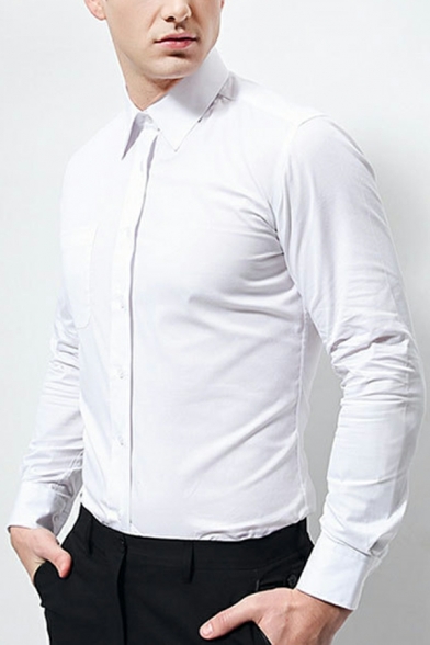 Chic Shirt Solid Color Point Collar Skinny Long Sleeves Button Placket Shirt for Guys