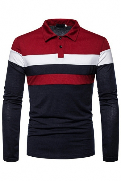 Elegant Polo Shirt Color Block Long Sleeve Turn-down Collar Slimming Polo Shirt for Guys