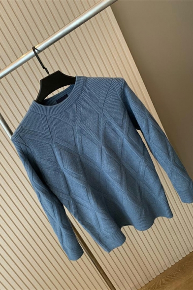 Fashion Knitted Sweater Men's Fashion Long Sleeve Round Neck Rhombus Sweater