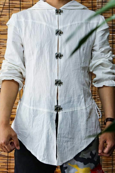 Fashionable Mens Shirt Pure Color Irregular Hem Hooded Regular Half Sleeve Button Up Shirt