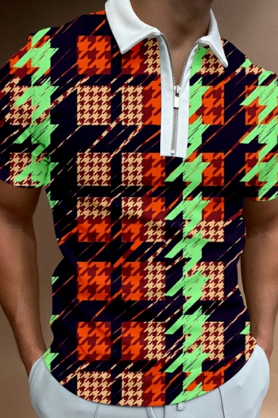 Retro Men's Polo Shirt 3D Pattern Zip Short Sleeves Turn-down Collar Skinny Polo Shirt