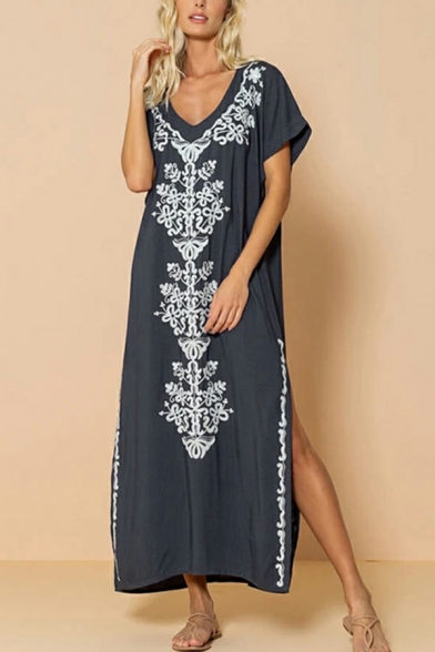 Street Look Dress Floral Pattern Slit V-neck Short-sleeved Maxi Swing Dress for Women