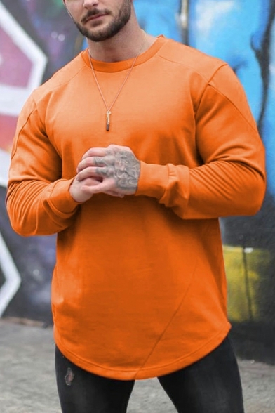 Street Style Boy's Sweatshirt Plain Long Sleeve Crew Neck Curve Hem Pullover Sweatshirt