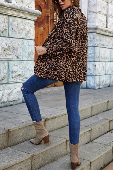 Trendy Blazer Leopard Print Lapel Collar Long Sleeve Fitted Single Breast Blazer for Women
