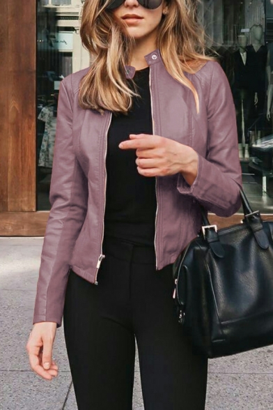 Urban Women Jacket Solid Pocket Round Collar Long Sleeves Pocket Zip Fly Jacket
