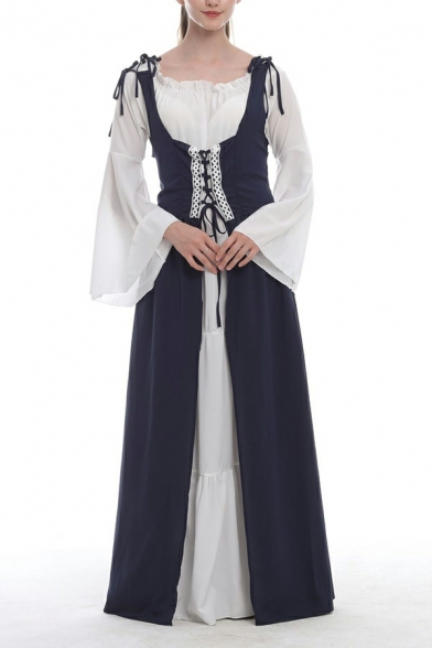 Women Edgy Dress Contrast Color Criss Cross Long Sleeve off The Shoulder Maxi A-Line Dress