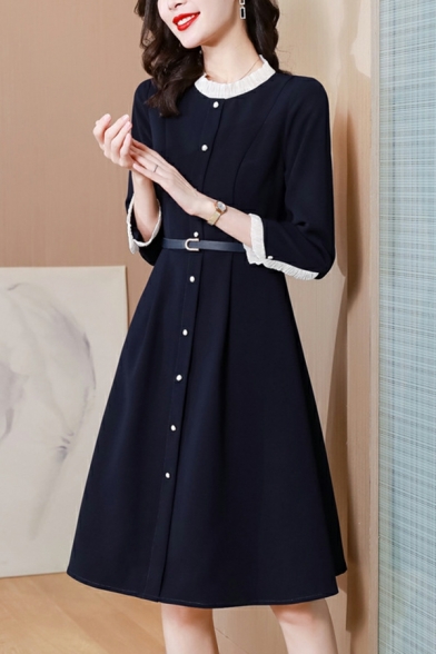 Classic Dress Color Block Button Round Neck 3/4 Length Sleeve Belt Midi Dress for Ladies