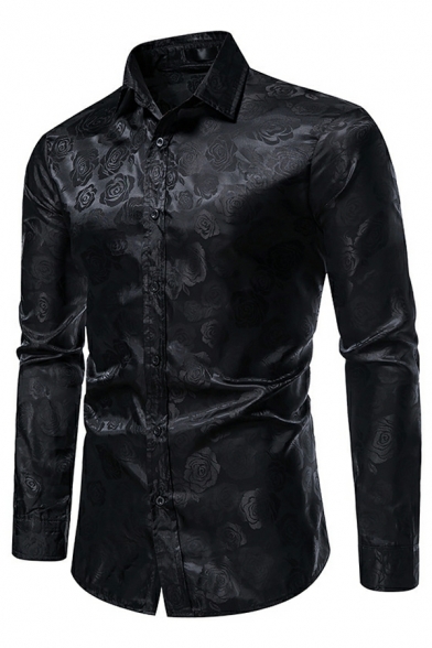 Classic Guy's Shirt Floral Pattern Turn-down Collar Skinny Long-Sleeved Button Down Shirt