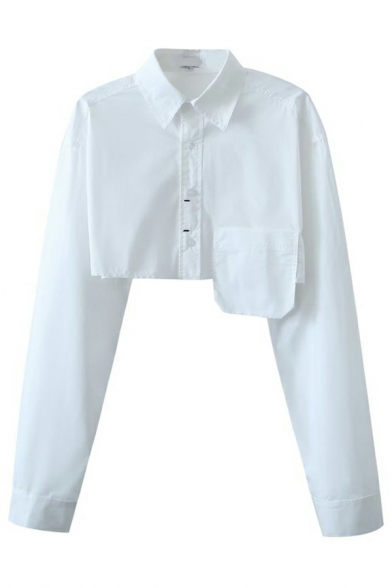Edgy Women Shirt Solid Regular Fit Turn-down Collar Long Sleeves Button Fly Crop Shirt