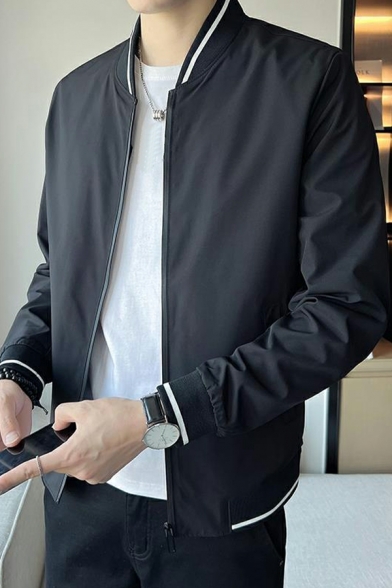 Fashion Guy's Jacket Contrast Line Pocket Stand Collar Fitted Zip Fly Baseball Jacket