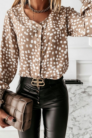 Fashionable Shirt Polka Dot Pattern Long Sleeves V-neck Slim Button-up Shirt for Ladies