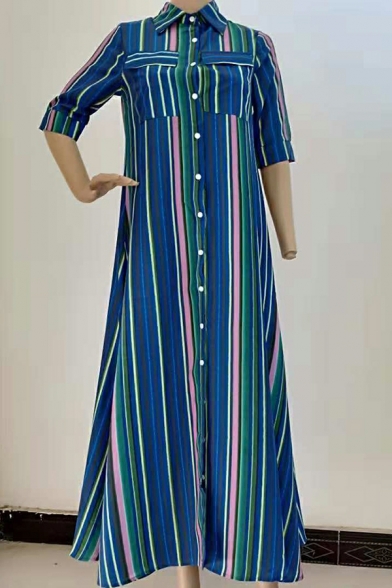 Hot Dress Striped Print Short Sleeve Spread Collar Pocket Button Fly Shirt Dress for Women