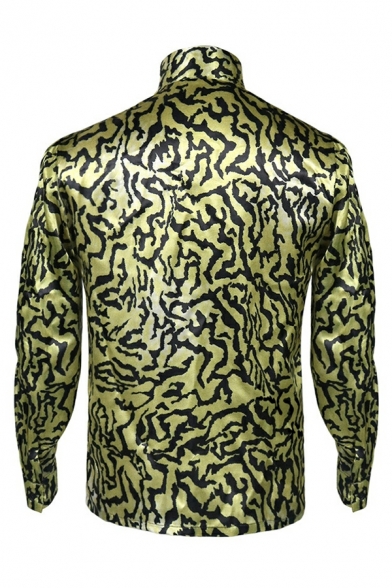 Hot Shirt Leopard Pattern Stand Collar Long Sleeve Regular Fit Button down Shirt for Men