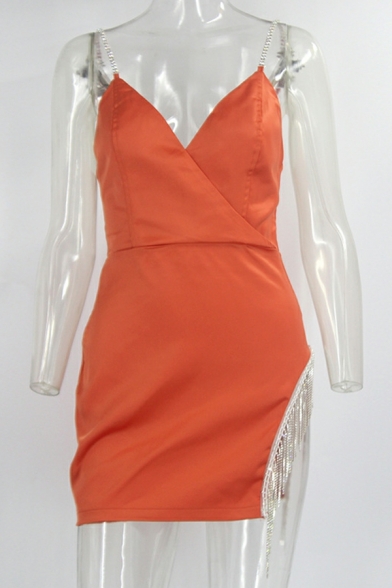 Ladies Cool Dress Solid Color Tassel Design Skinny Slit Spaghetti Straps Mini Slip Dress