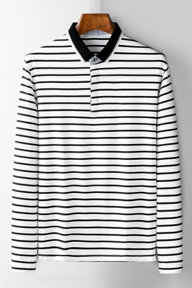Leisure Men's Polo Shirt Stripe Printed Point Collar Long Sleeves Relaxed Polo Shirt