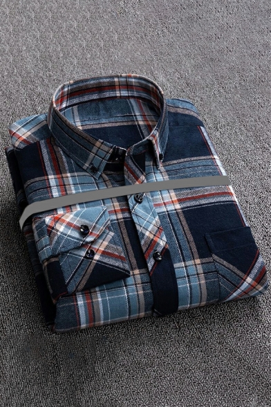 Vintage Boy's Shirt Plaid Printed Pocket Point Collar Long Sleeve Button Up Shirt
