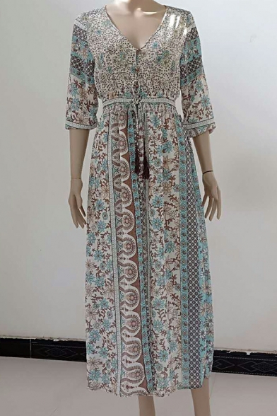 Elegant Women Dress Tribal Print Split Front 3/4 Length Sleeve V Neck Maxi A-Line Dress