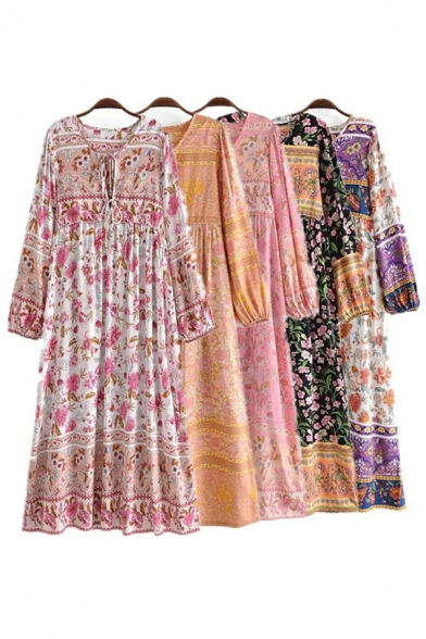 Fancy Womens Dress Bohemia Print Drawstring Round Neck Long Sleeve Sashes Maxi Swing Dress