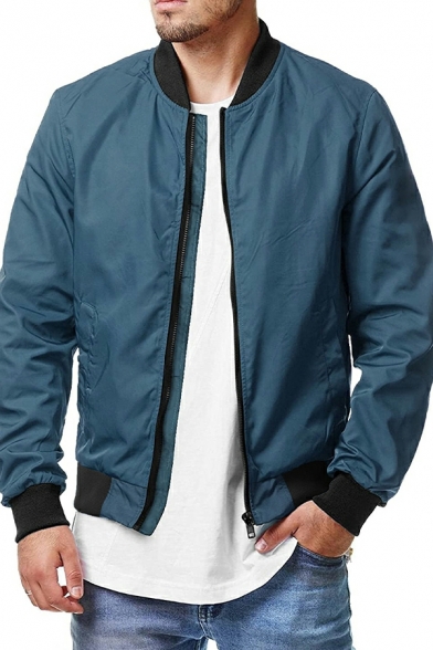 Fashionable Jacket Contrast Trim Pocket Stand Collar Skinny Zipper Baseball Jacket for Men