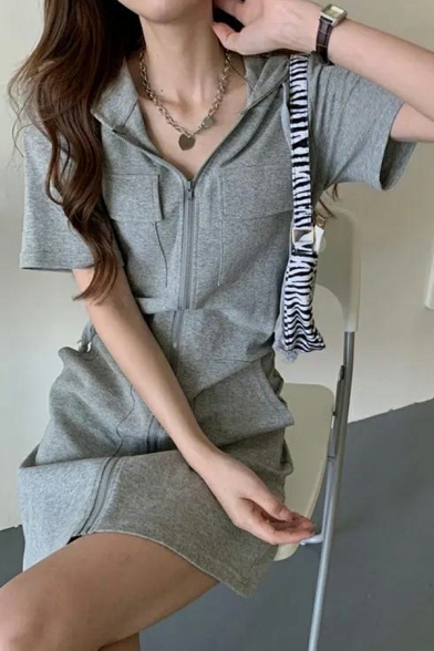 Girl's Unique Dress V Neck Pure Color Short-sleeved Zip Detail Mini T-shirt Dress