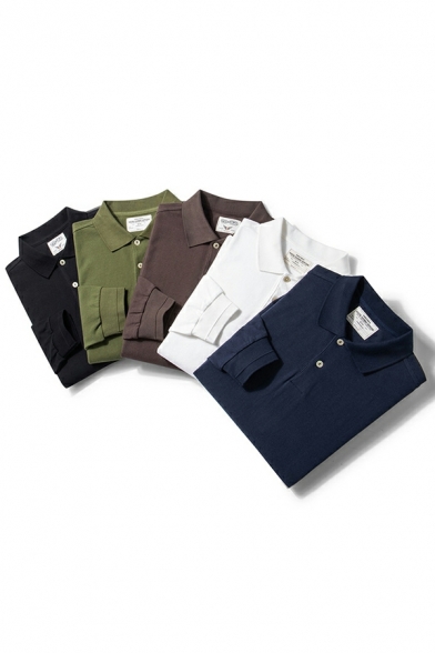 Guys Classic Polo Shirt Solid Color Button Up Point Collar Long-sleeved Baggy Polo Shirt