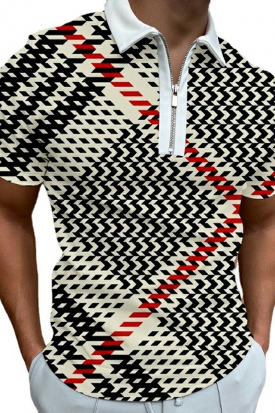 Men Novelty Polo Shirt 3D Print Zip Detailed Short Sleeve Turn-down Collar Slim Polo Shirt
