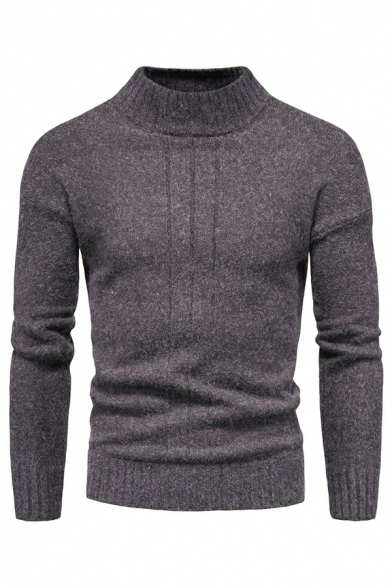 Mens Basic Sweater Pure Color High Neck Long-Sleeved Slimming Ribbed Hem Pullover Sweater