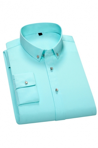 Mens Cool Shirt Solid Color Point Collar Slim Fit Long Sleeve Button Placket Shirt
