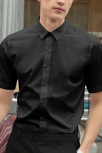 Mens Unique Shirt Whole Colored Turn-down Collar Skinny Short Sleeves Button Placket Shirt