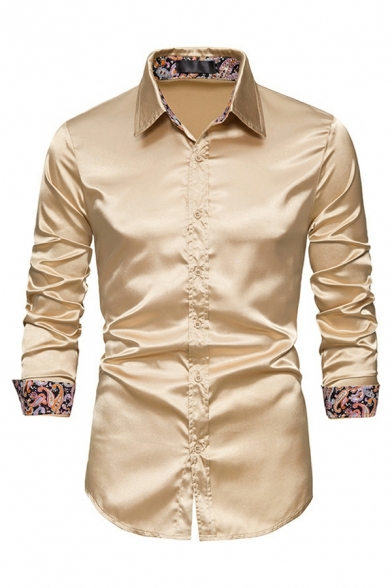 Pop Mens Shirt Paisley Printed Turn-down Collar Slimming Long Sleeve Button Fly Shirt